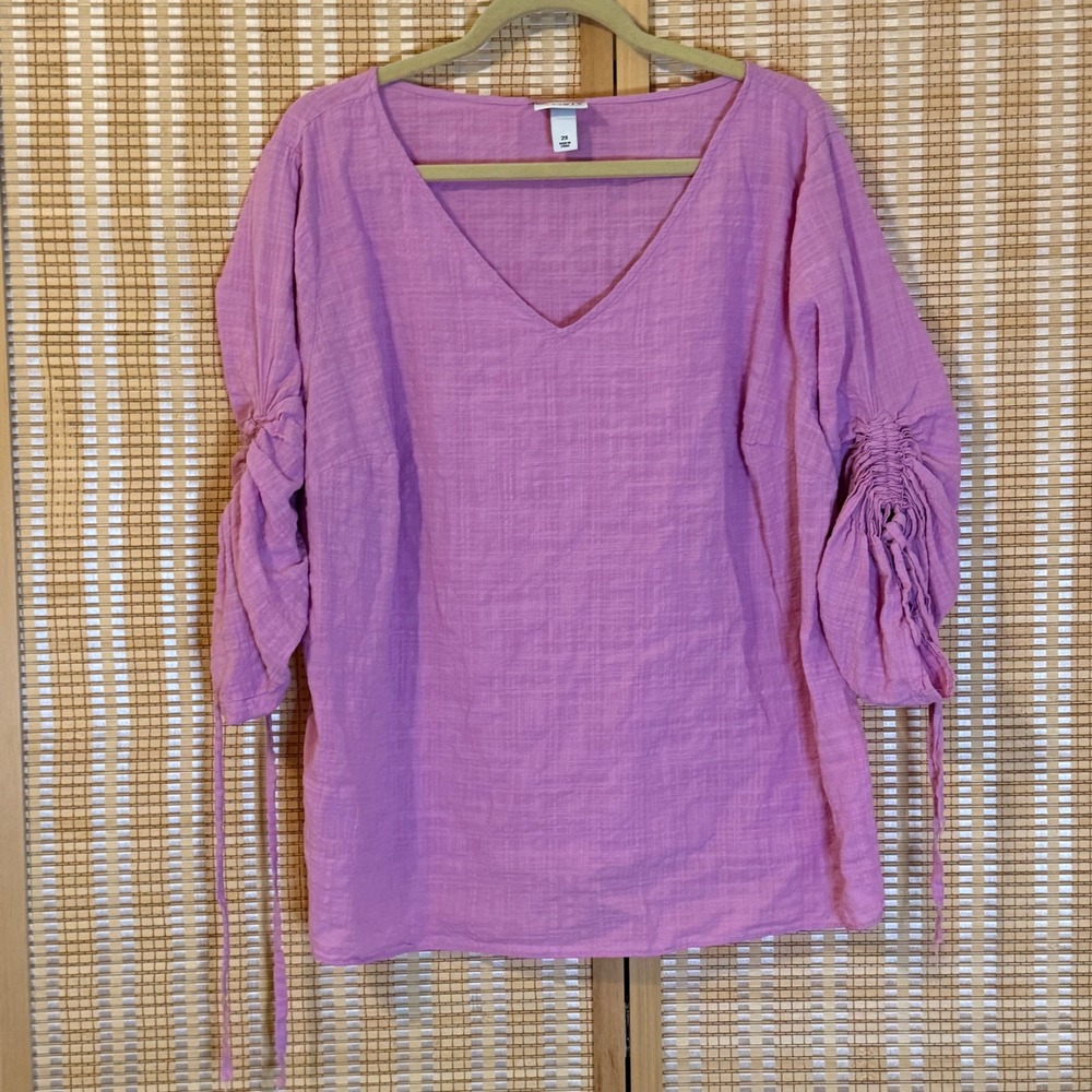 Ava & Viv Womens 2X Pink V-Neck Ruched Cinched Sleeve Slub Blouse Top Boho